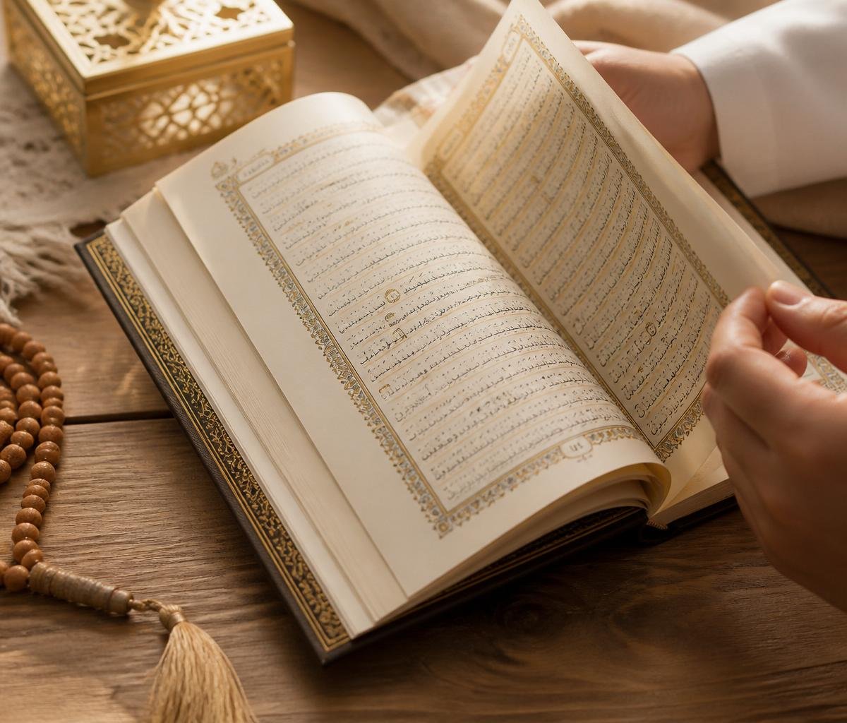 Open Qur'an with prayer beads
